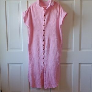 PINK GAUZY SHIFT STYLE BUTTON UP MAXIDRESS LIGHTWEIGHT TEXTURED SIZE LARGE